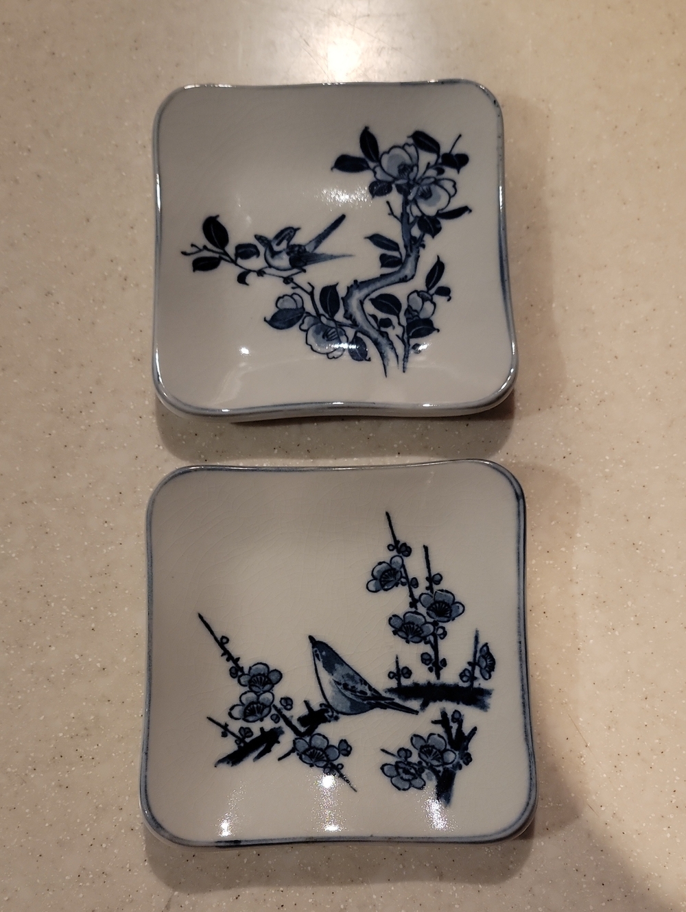 Blue and White Porcelain Square Dishes - Bird & Blossom Design Otagiri - Japan